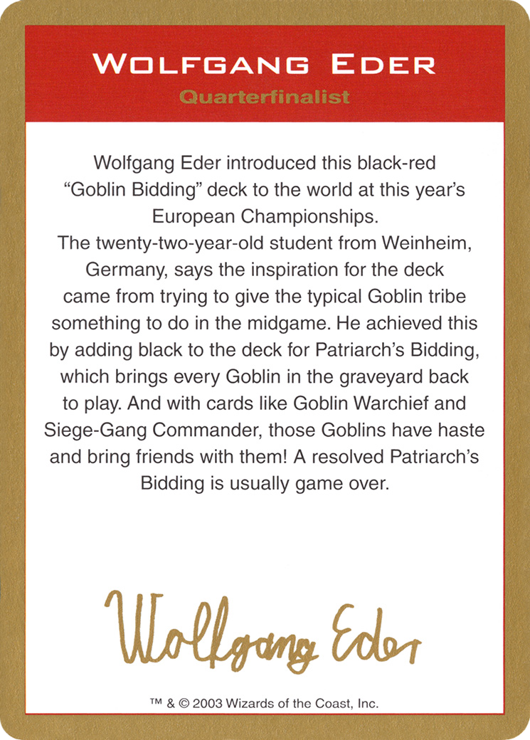 2003 Wolfgang Eder Biography Card [World Championship Decks 2003]