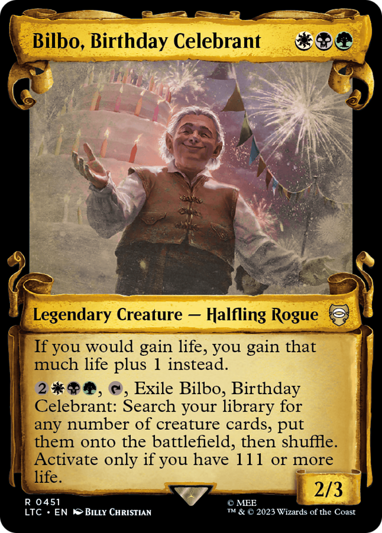 Bilbo, Birthday Celebrant (Showcase Scrolls) (LTC-451) [Tales of Middle-earth Commander] Foil