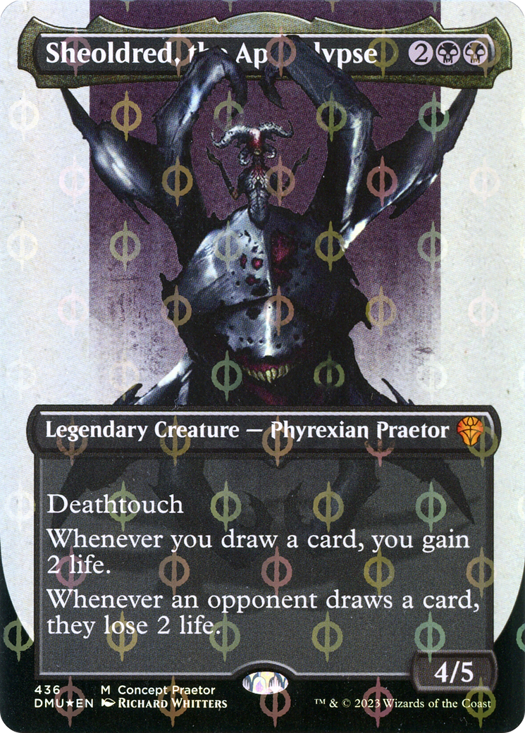 Sheoldred, the Apocalypse (Concept Praetor) (Step-And-Compleat Foil) (ONE-436) (Borderless) [Dominaria United] Foil