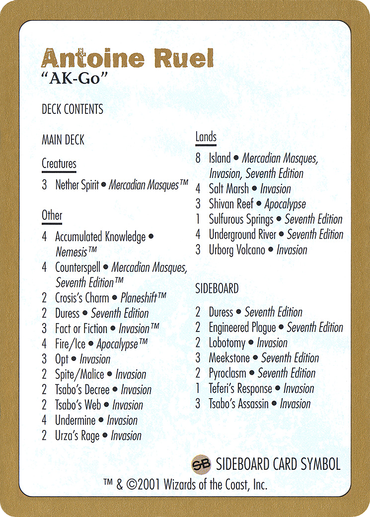 2001 Antoine Ruel Decklist Card [World Championship Decks 2001]