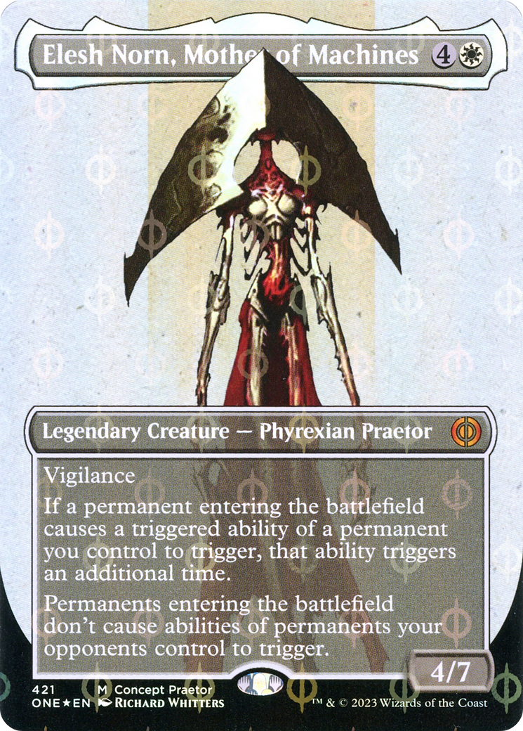 Elesh Norn, Mother of Machines (Concept Praetor) (Step-and-Compleat Foil) (ONE-421) (Borderless) [Phyrexia: All Will Be One] Foil