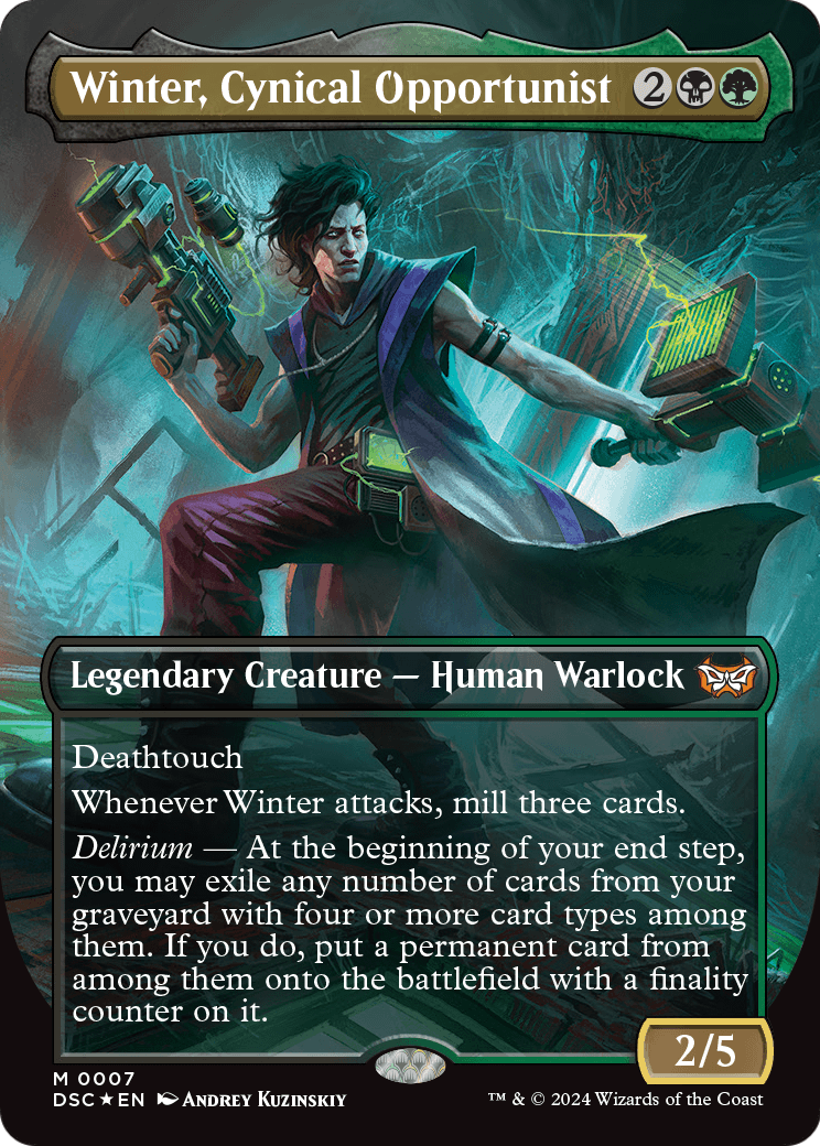 Winter, Cynical Opportunist (Borderless) (DSC-007) [Duskmourn: House of Horror Commander] Foil