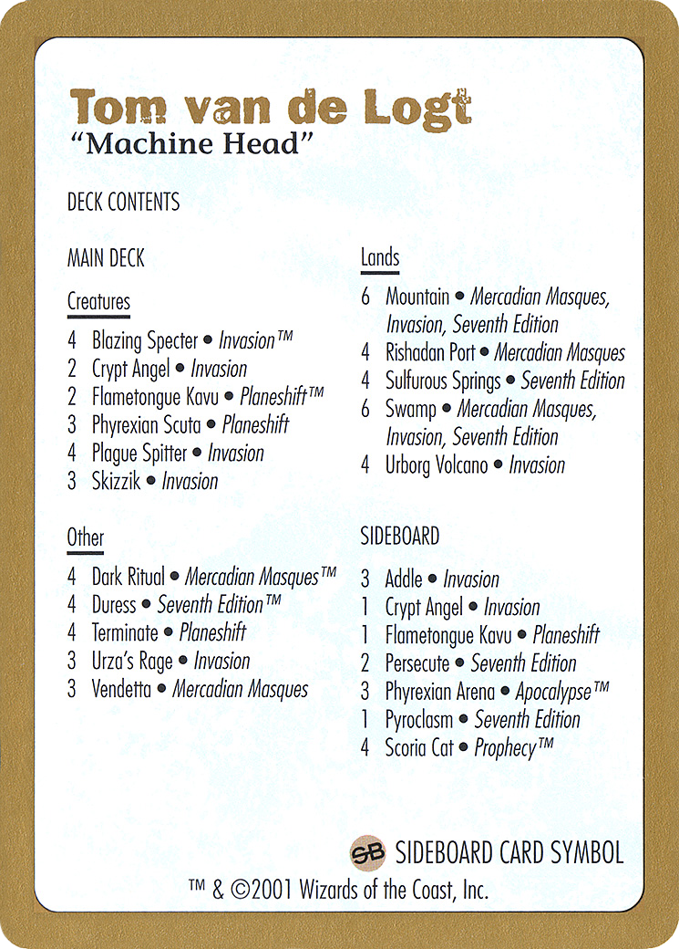 2001 Tom van de Logt Decklist Card [World Championship Decks 2001]