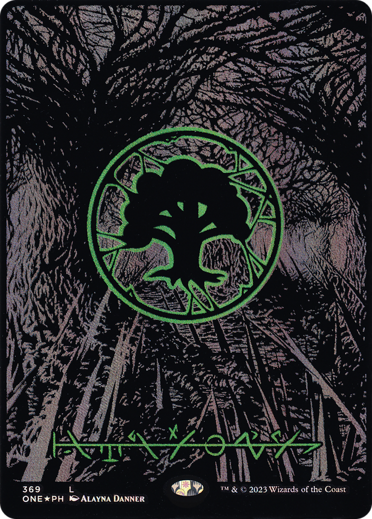 Forest (Phyrexian) - Full Art (Oil Slick Raised Foil) (ONE-369) (Borderless) [Phyrexia: All Will Be One] Foil