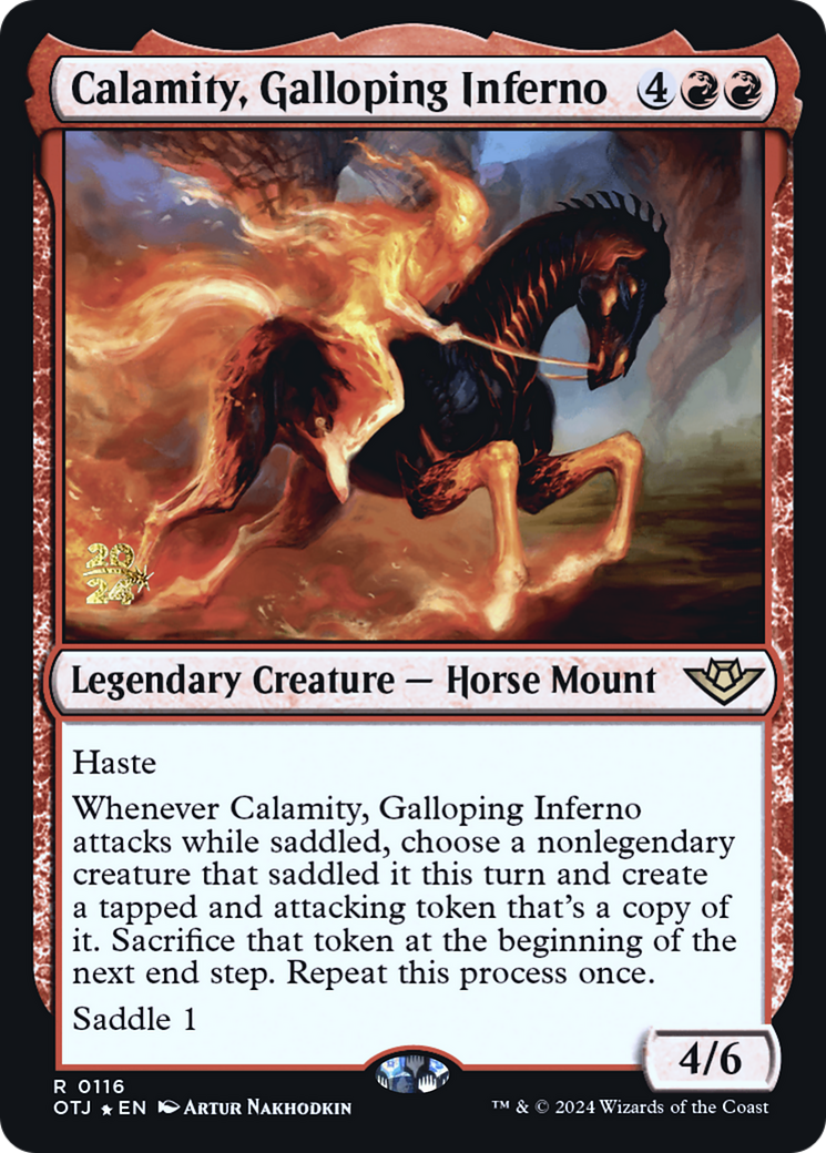 Calamity, Galloping Inferno (PRE-116) [Outlaws of Thunder Junction Promos] Foil