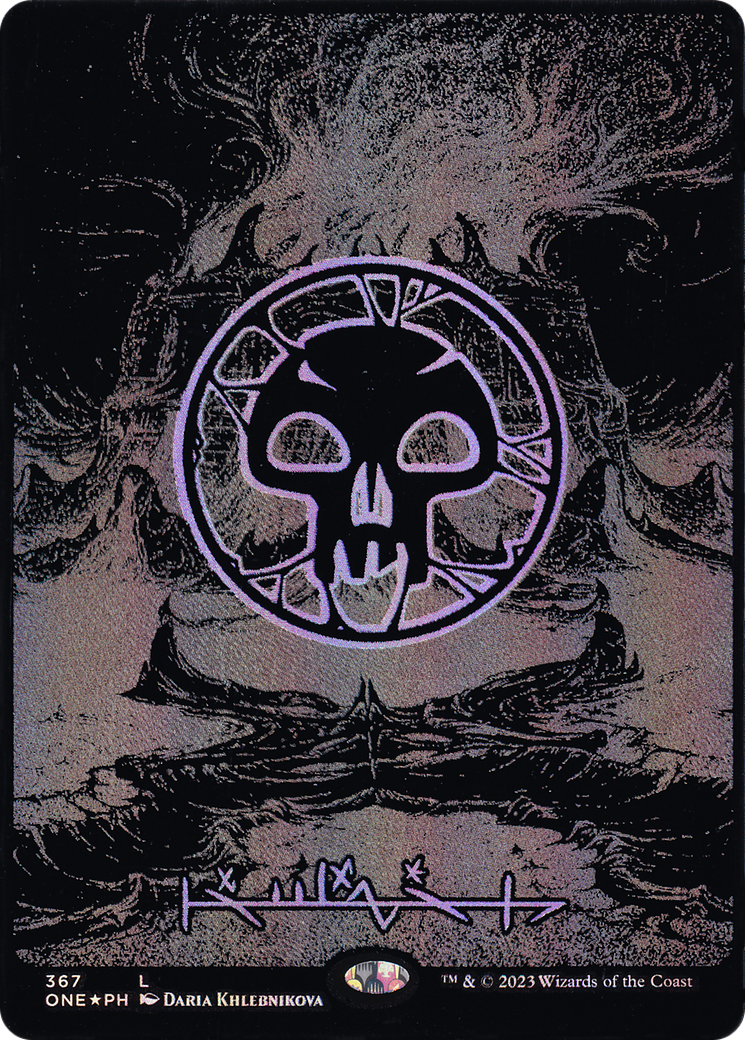 Swamp (Phyrexian) - Full Art (Oil Slick Raised Foil) (ONE-367) (Borderless) [Phyrexia: All Will Be One] Foil