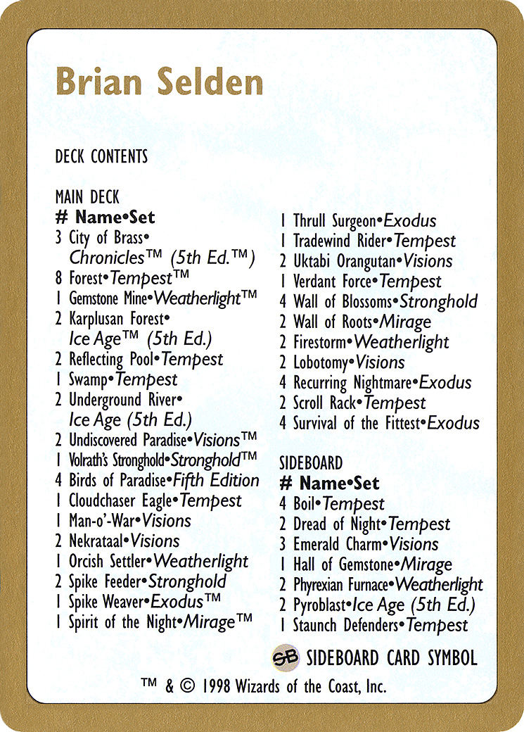 1998 Brian Selden Decklist Card [World Championship Decks 1998]