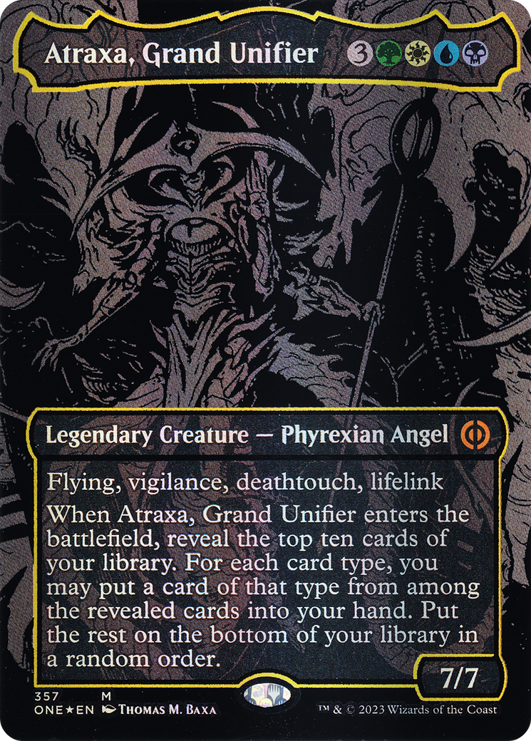 Atraxa, Grand Unifier (Oil Slick Raised Foil) (ONE-357) (Borderless) [Phyrexia: All Will Be One] Foil