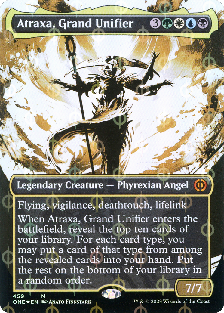 Atraxa, Grand Unifier (Showcase) (Step-and-Compleat Foil) (ONE-459) (Borderless) [Phyrexia: All Will Be One] Foil