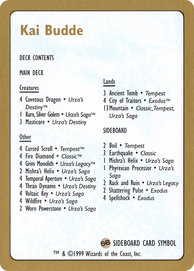1999 Kai Budde Decklist Card [World Championship Decks 1999]