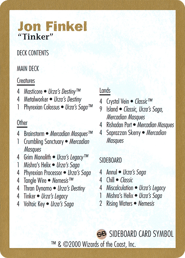 2000 Jon Finkel Decklist Card [World Championship Decks 2000]
