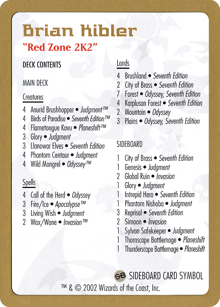 Brian Kibler Decklist (WCD-BK0B) [World Championship Decks 2002]