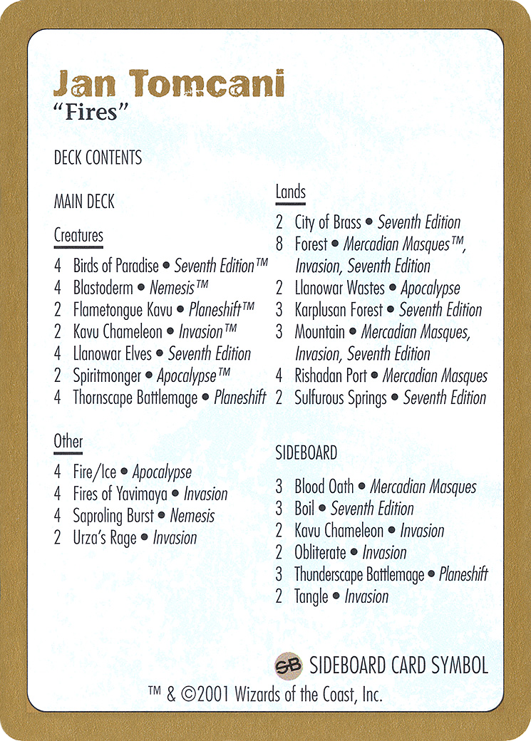 2001 Jan Tomcani Decklist Card [World Championship Decks 2001]