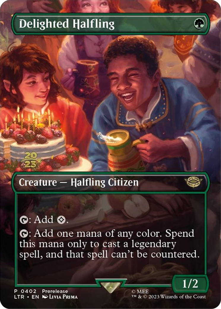 Delighted Halfling (PRE-402) (Borderless) [Tales of Middle-earth Promos] Foil