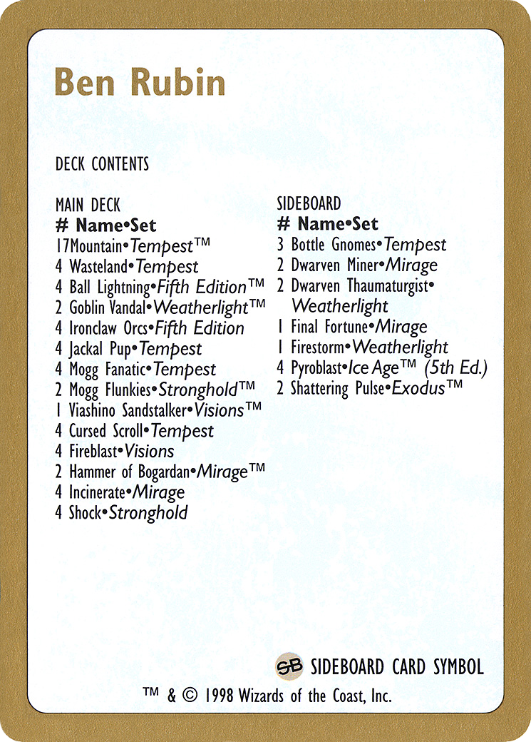 1998 Ben Rubin Decklist Card [World Championship Decks 1998]