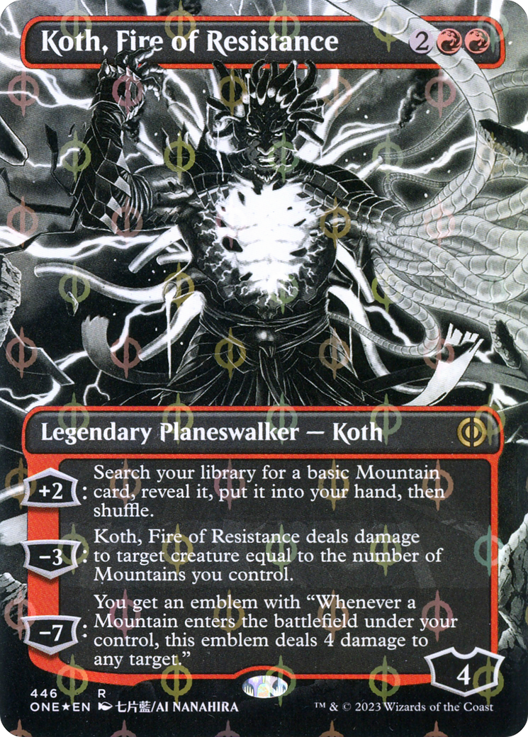 Koth, Fire of Resistance (Borderless) (Step-and-Compleat Foil) (ONE-446) (Showcase) [Phyrexia: All Will Be One] Foil