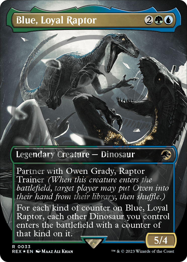 Blue, Loyal Raptor (Borderless) (Emblem) (REX-033) [Jurassic World Collection] Foil